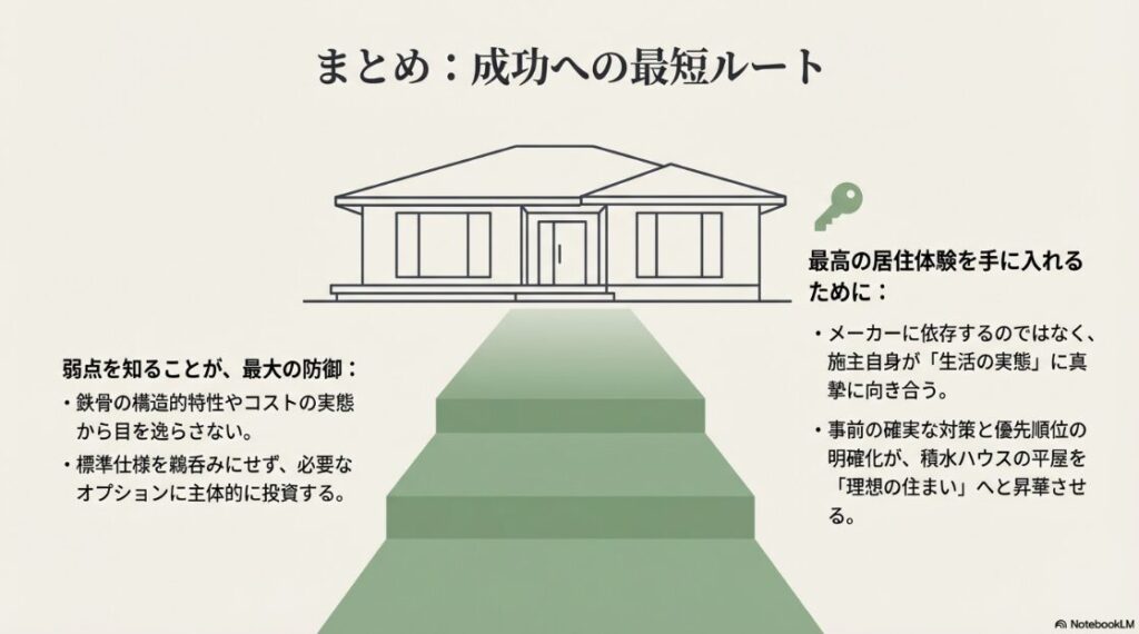 「弱点を知ることが最大の防御」とし、施主が生活の実態に向き合い優先順位を明確にすべきことをまとめたスライド。