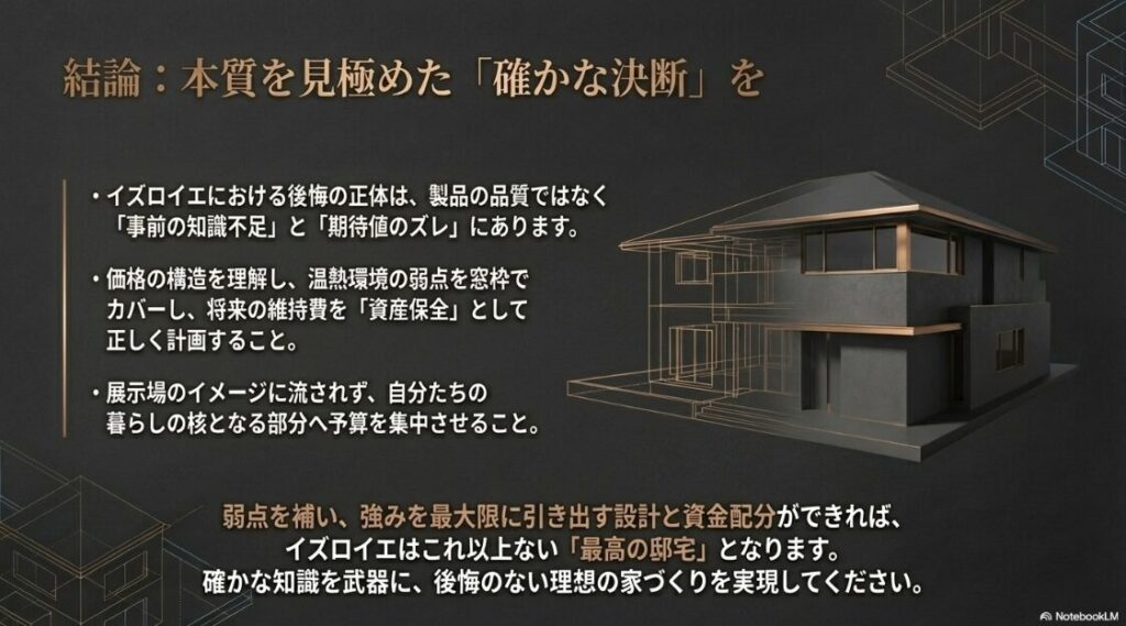 価格構造の理解や断熱の弱点カバー、維持費の計画的な管理がイズロイエを最高の邸宅にするとまとめた最終スライド。