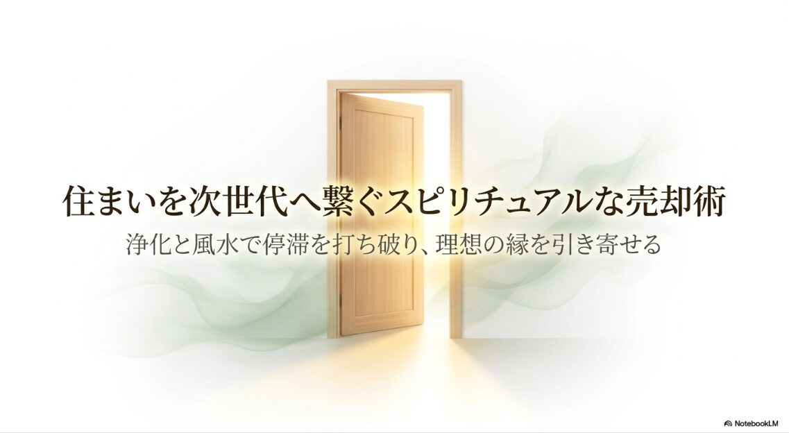 開いた扉から神聖な光が差し込むイラスト。中央に「住まいを次世代へ繋ぐスピリチュアルな売却術」というタイトル文字が記されている。
