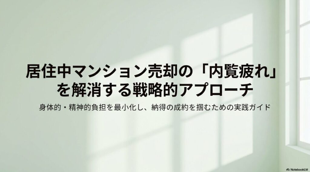 居住中マンション売却の「内覧疲れ」を解消する戦略的アプローチという大きな見出しと、身体的・精神的負担を最小化し、納得の成約を掴むための実践ガイドという詳細な説明が記載された、光が差し込む明るい窓辺の室内を背景にした表紙の画像。