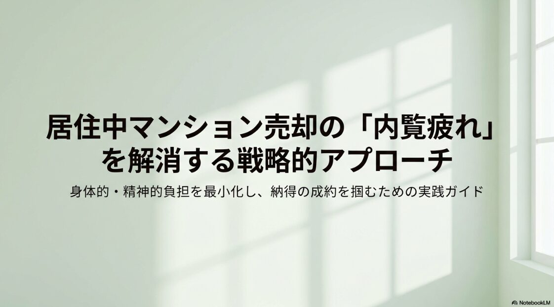 居住中マンション売却の「内覧疲れ」を解消する戦略的アプローチという大きな見出しと、身体的・精神的負担を最小化し、納得の成約を掴むための実践ガイドという詳細な説明が記載された、光が差し込む明るい窓辺の室内を背景にした表紙の画像。