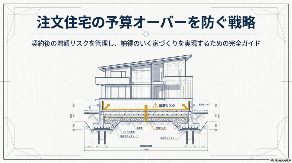 注文住宅の予算オーバーを未然に防ぎ、契約後の増額リスクを適切に管理して、納得感のある住まいを実現するための完全ガイドの表紙スライド。