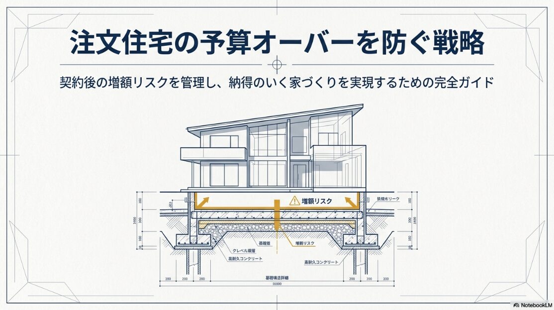 注文住宅の予算オーバーを未然に防ぎ、契約後の増額リスクを適切に管理して、納得感のある住まいを実現するための完全ガイドの表紙スライド。