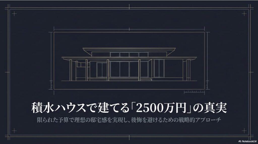 積水ハウスで予算2500万円という限られた条件下において、理想の邸宅感を実現し後悔を避けるための戦略的アプローチを提示するタイトルスライド。