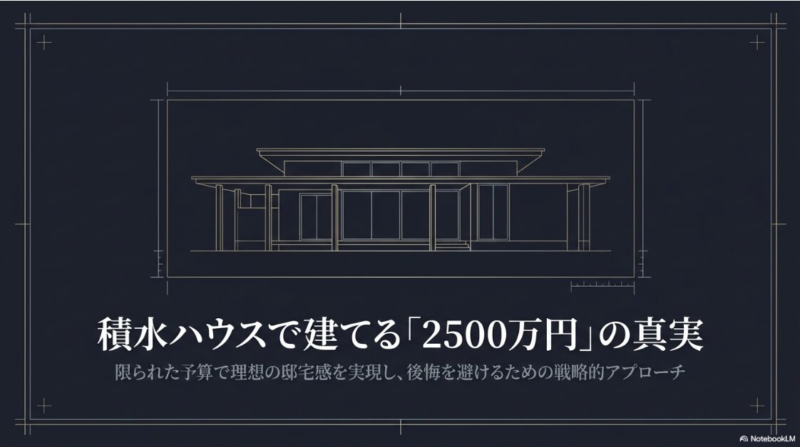 積水ハウスで予算2500万円という限られた条件下において、理想の邸宅感を実現し後悔を避けるための戦略的アプローチを提示するタイトルスライド。