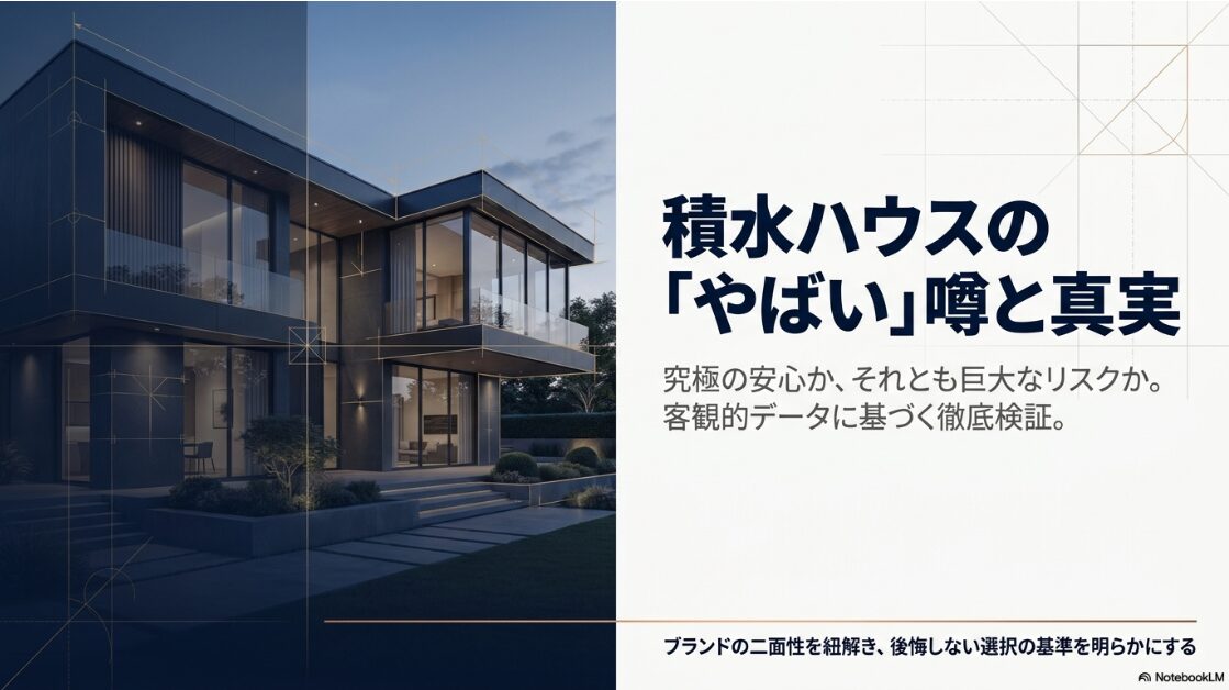 積水ハウスに関するネガティブな噂と事実を徹底検証し、ブランドの二面性を紐解くことで後悔しない選択の基準を明らかにするという記事のコンセプトを示したタイトルスライド。