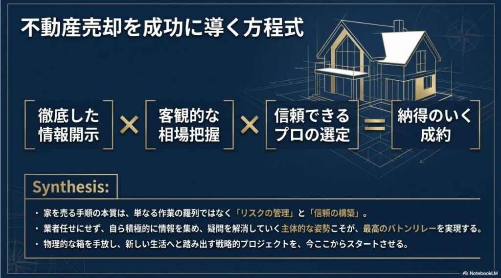 徹底した情報開示、客観的な相場把握、信頼できるプロの選定を掛け合わせ、納得のいく成約を導き出すための成功方程式の総括図 。