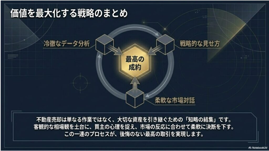 データ分析、戦略的な見せ方、市場対話の3要素を統合し、最高の成約を実現するための一連のプロセスをまとめた最終スライド。