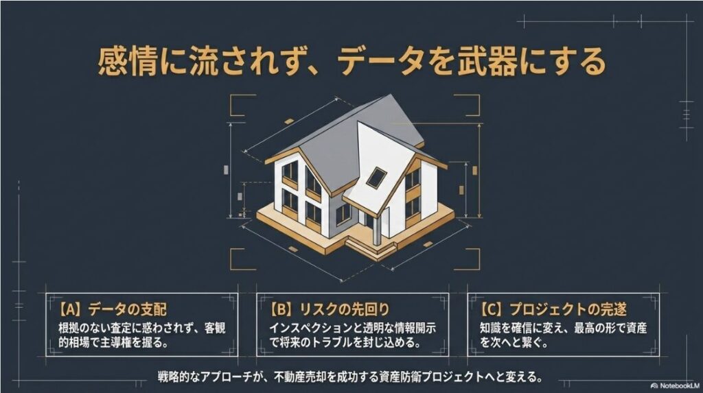 データの支配、リスクの先回り、プロジェクトの完遂という三つの成功原則をまとめた最終結論のスライド