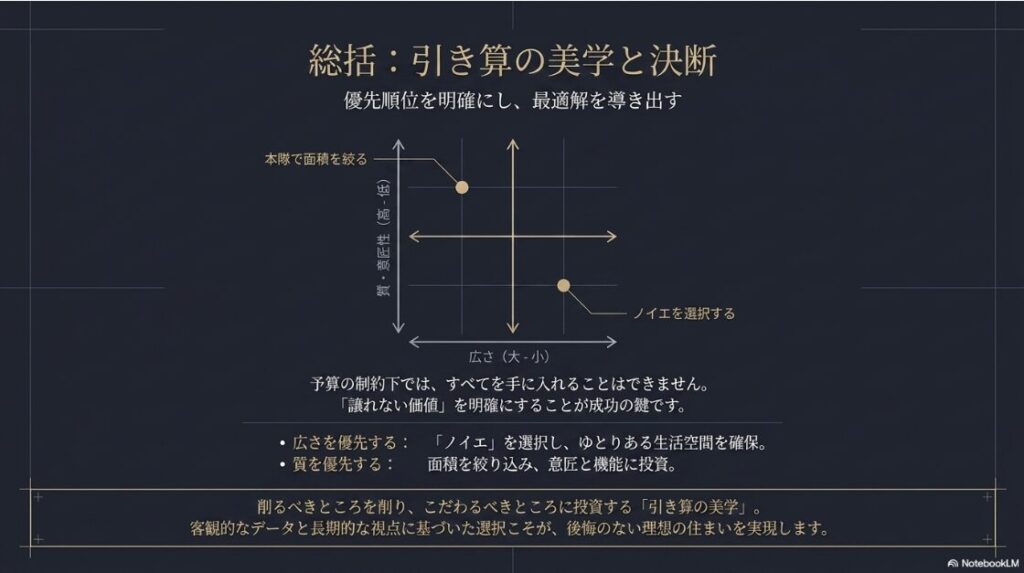 予算の制約下で広さを優先するか質を優先するかを明確にし、本隊で面積を絞るかノイエを選択するかの最適解を導き出すための判断基準をまとめたマトリックス図。