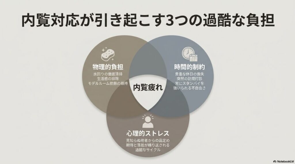 中央に「内覧疲れ」という文字を配し、それを取り囲むように物理的負担、時間的制約、心理的ストレスの3要素をベン図で示した解説画像。物理的負担には水回りの徹底清掃や生活感の排除、時間的制約には休日の喪失や突然の訪問打診、心理的ストレスには他者からの品定めや期待と落胆のサイクルといった具体的な内容が記されている。