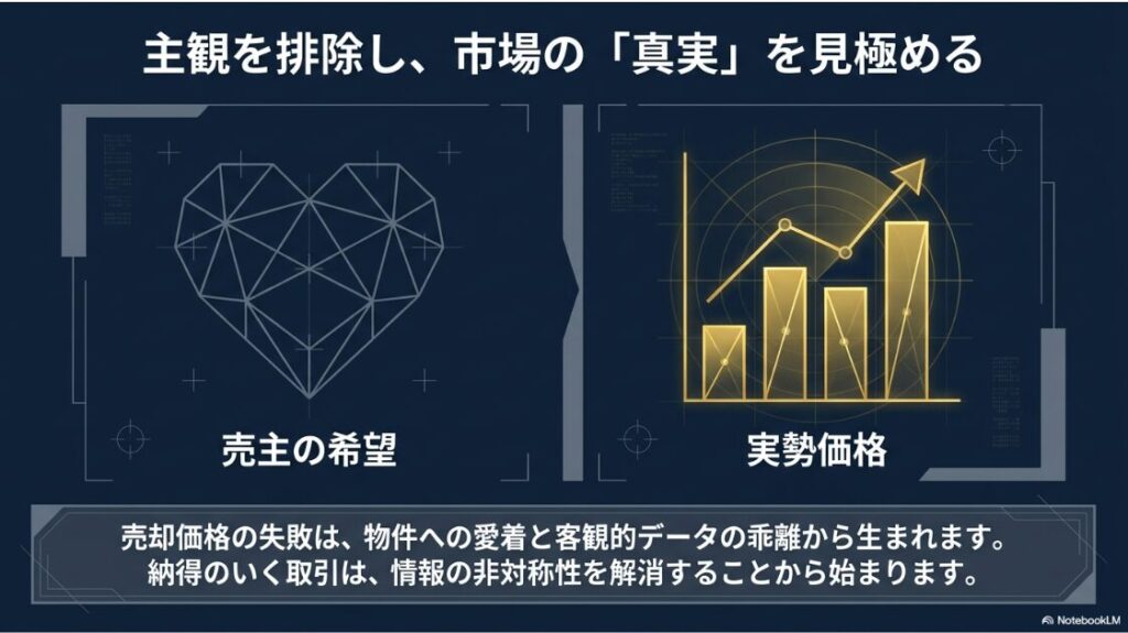 物件への愛着から生じる売主の希望価格と、客観的なデータに基づく実勢価格の乖離が、売却失敗の要因となることを説明する比較概念図。