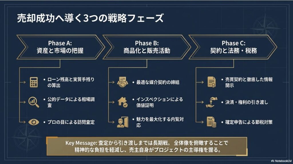 資産と市場の把握、商品化と販売活動、契約と法務・税務という、売却成功に向けた3つの主要なフェーズを示した全体図 。