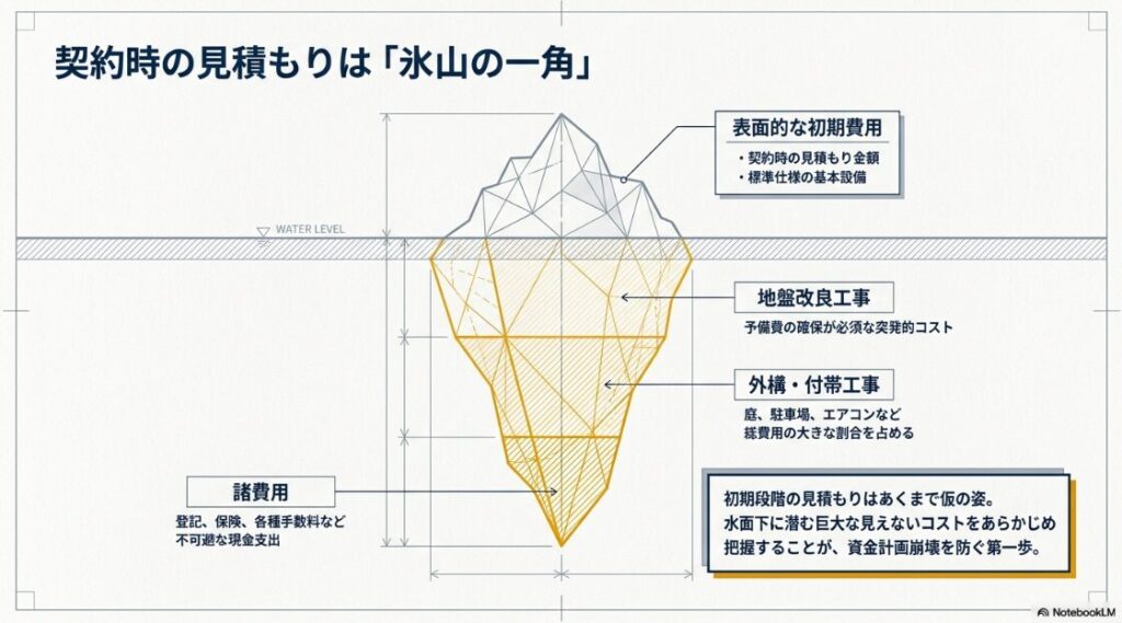 氷山のイラストを用い、水面上に見える表面的な初期費用と、水面下に潜む地盤改良工事や外構工事、諸費用などの目に見えない巨大なコストを対比させた図解。