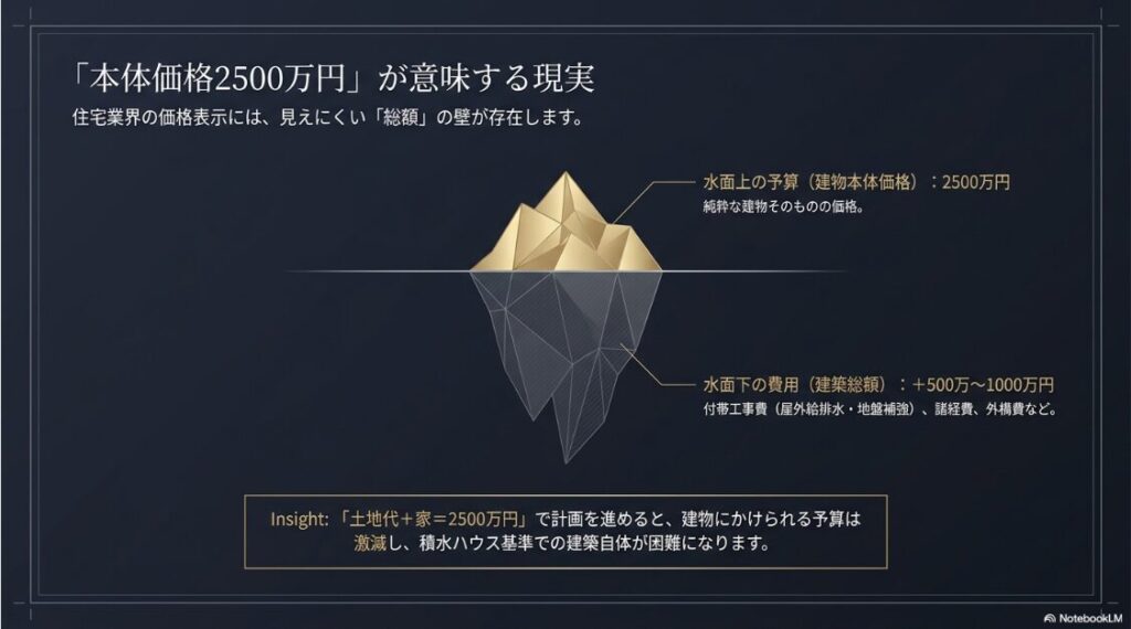建物本体価格2500万円という水面上の予算に対し、付帯工事費や諸経費など500万円から1000万円が加算される建築総額の構造を示した図解。