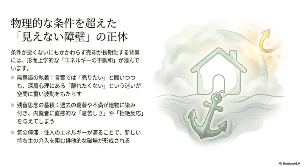 錨で繋ぎ止められた家のイラスト。無意識の執着や残留思念、気の停滞といった、売却を妨げる形而上学的な要因が三つの項目で解説されている。