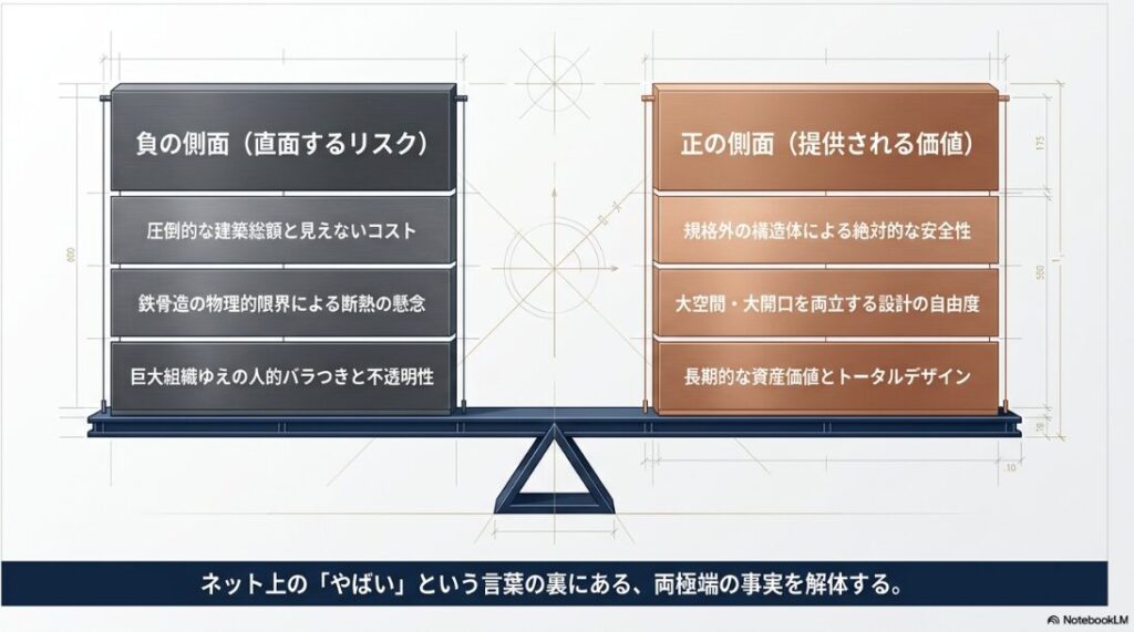積水ハウスの負の側面である建築総額や断熱の懸念と、正の側面である安全性や設計の自由度を天秤形式で比較し、両極端な事実を解体することを示す図解。
