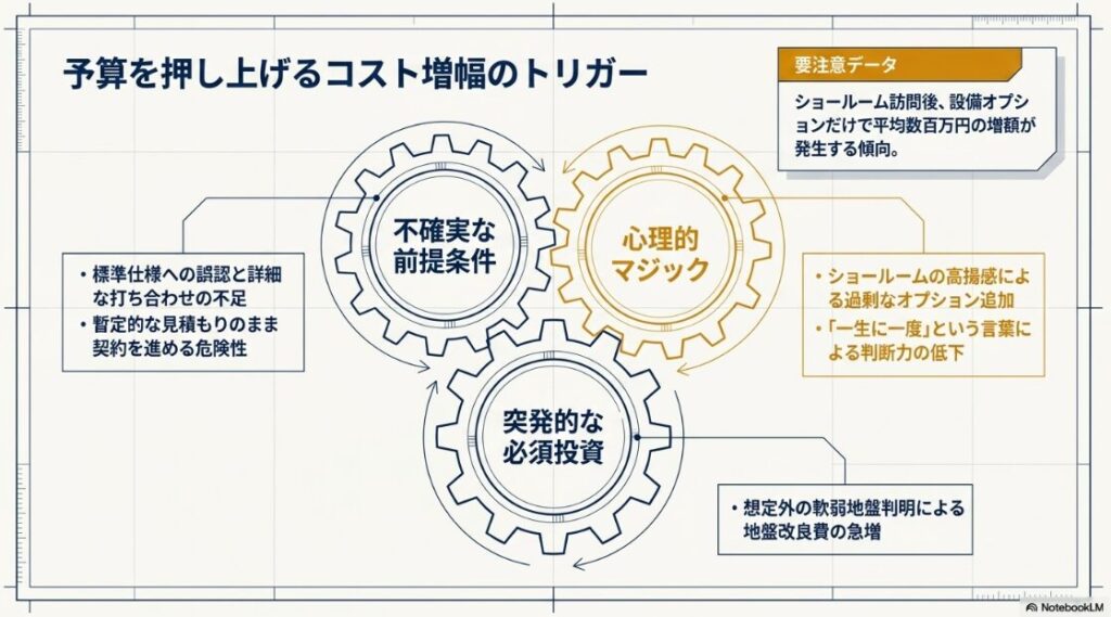 不確実な前提条件、ショールームでの心理的マジック、地盤改良などの突発的な必須投資という3つの歯車が連動し、予算を押し上げる仕組みを解説した概念図。