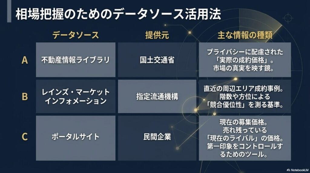 不動産情報ライブラリ、レインズ・マーケットインフォメーション、ポータルサイトの3つについて、それぞれの提供元と得られる情報の特性をまとめた比較表。
