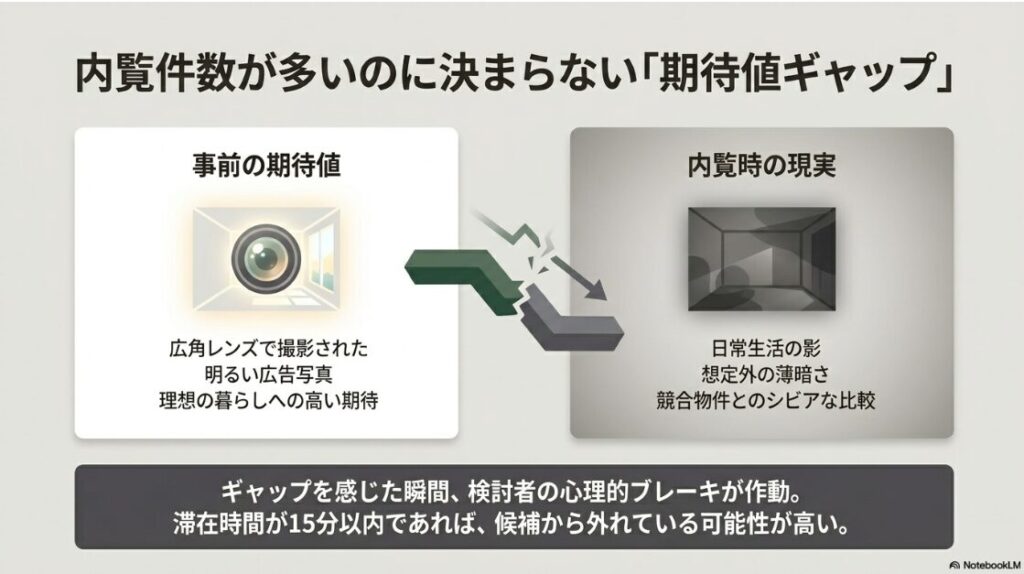 左側に「事前の期待値」として広角レンズで撮影された明るい広告写真のイメージ、右側に「内覧時の現実」として日常生活の影や想定外の薄暗さ、競合物件との比較を示す暗い部屋のイメージを対比させた図。下部には、ギャップを感じた瞬間に検討者の心理的ブレーキが作動し、滞在時間が15分以内であれば候補から外れている可能性が高いという注釈が添えられている。