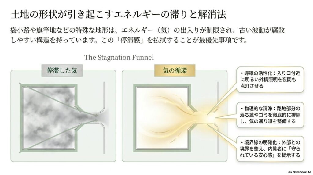 袋小路や旗竿地におけるエネルギーの停滞と循環の比較図。外構照明の点灯や清掃、境界線の明確化による改善策が示されている。