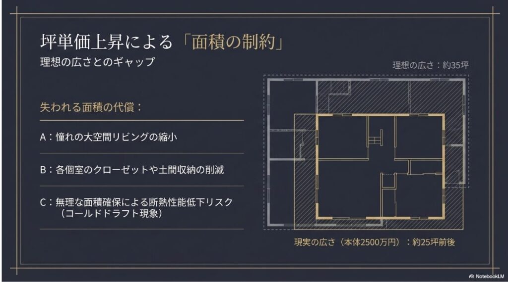 理想の広さ35坪と、予算内で実現可能な25坪前後の面積差を視覚化し、面積削減に伴うリビング縮小や収納不足、断熱性能低下のリスクを解説したスライド。