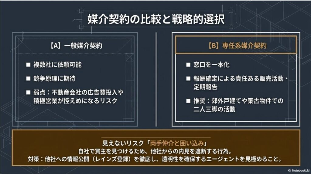 一般媒介契約と専任系媒介契約のメリット、デメリット、および囲い込みリスクへの対策をまとめた比較図
