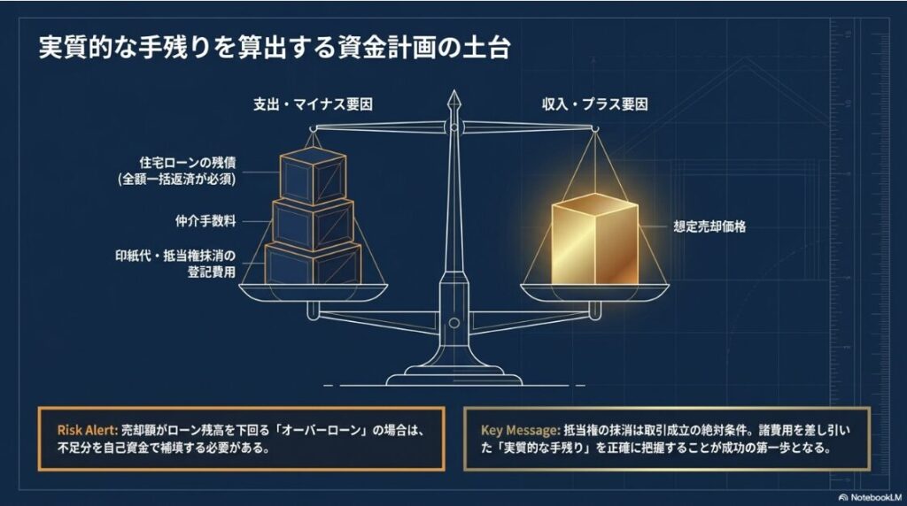 想定売却価格からローン残債や仲介手数料、諸費用を差し引き、実質的な手残りを算出する仕組みを天秤で表現した概念図 。