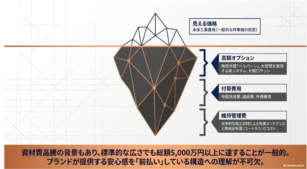 本体工事費だけでなく、ベルバーンなどの高額オプション、付帯費用、維持管理費を含めたトータルコスト構造を示し、総額が膨らむ要因を解説する氷山モデルの図解。