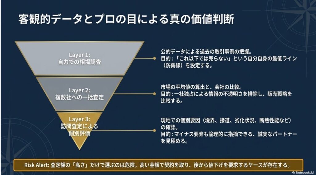 自力での相場調査、複数社への一括査定、訪問査定による個別評価という3段階を経て、真の資産価値を導き出すプロセスを示した図 。