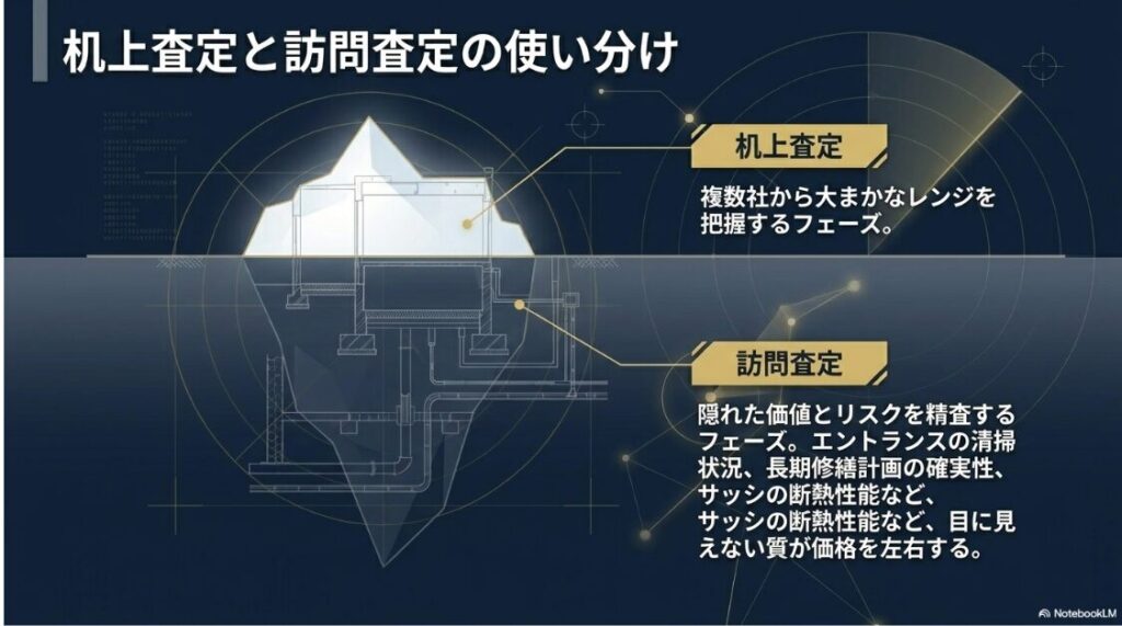 複数社から大まかなレンジを把握する机上査定と、隠れた価値やリスクを精査する訪問査定の使い分けを氷山の図で示した解説スライド。