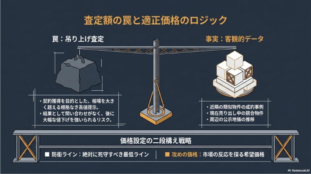吊り上げ査定の罠と、客観的データに基づいた防衛ラインおよび攻めの価格設定という二段構え戦略の図解