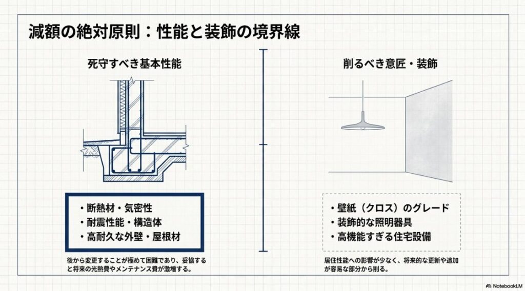 断熱材や耐震性能といった後からの変更が困難な基本性能と、壁紙や照明器具などの更新が容易な意匠・装飾を左右に分け、減額調整の優先順位を整理した比較表。