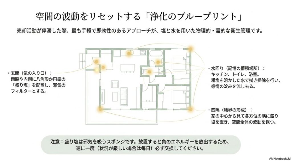 家の間取り図。玄関、水回り、部屋の四隅に盛り塩を配置するポイントが図解されており、邪気のフィルターとしての役割が説明されている。