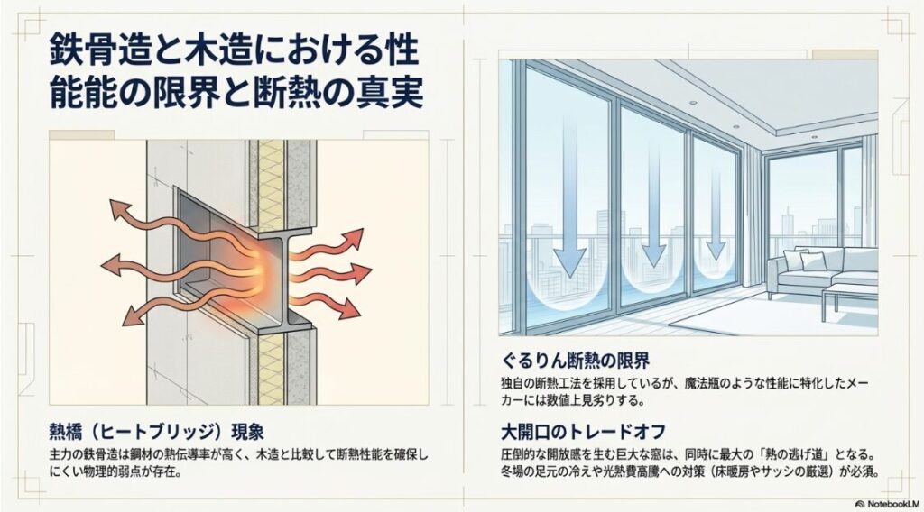 鋼材の熱伝導率による熱橋現象の仕組みと、大開口サッシが熱の逃げ道となることで冬場の足元が冷えるメカニズムを図示した、断熱性能の限界に関する解説画像。