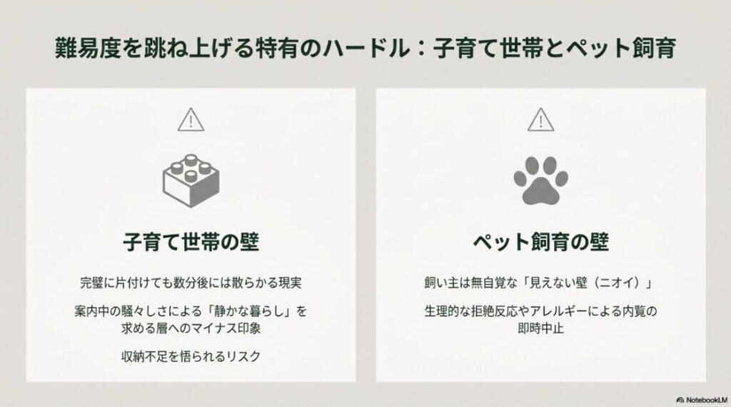 注意を促すアイコンと共に、子育て世帯とペット飼育における売却の壁を解説した画像。子育て世帯については完璧に片付けても数分後には散らかる現実や案内中の騒々しさ、収納不足のリスクが挙げられ、ペット飼育については飼い主が無自覚なニオイの問題や、アレルギーによる内覧の中止といったリスクが具体的に示されている。
