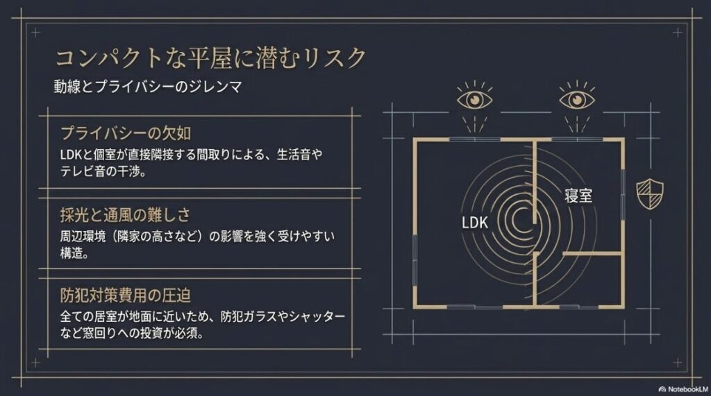 LDKと個室が隣接することによるプライバシーの欠如、採光・通風の難しさ、防犯対策費用の圧迫など、コンパクトな平屋設計で注意すべき課題を図解したスライド。