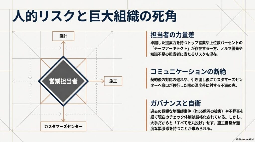 設計、施工、カスタマーズセンターとの連携図をベースに、担当者の力量差やコミュニケーションの断絶、ガバナンスと自衛の重要性をまとめた組織体制の図解。