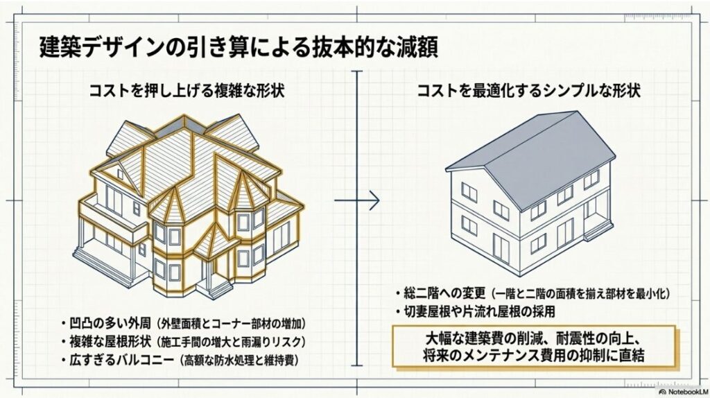 凹凸の多い複雑な形状の家と、総二階でシンプルな切妻屋根の家を対比させ、外壁面積や部材の削減、耐震性向上に直結する建築デザインの引き算を視覚化したイラスト。