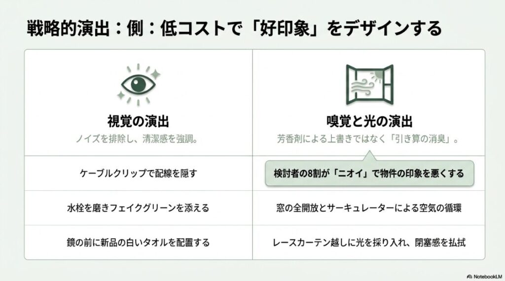 視覚、嗅覚、光を活用した演出テクニックをまとめた比較表。ケーブルクリップで配線を隠す工夫や、水栓を磨いてフェイクグリーンや新品の白いタオルを添える視覚的な演出に加え、検討者の8割がニオイで印象を悪くするという事実に基づき、窓の全開放やサーキュレーターによる空気の循環、レースカーテン越しに光を採り入れる消臭と光の演出術が紹介されている。