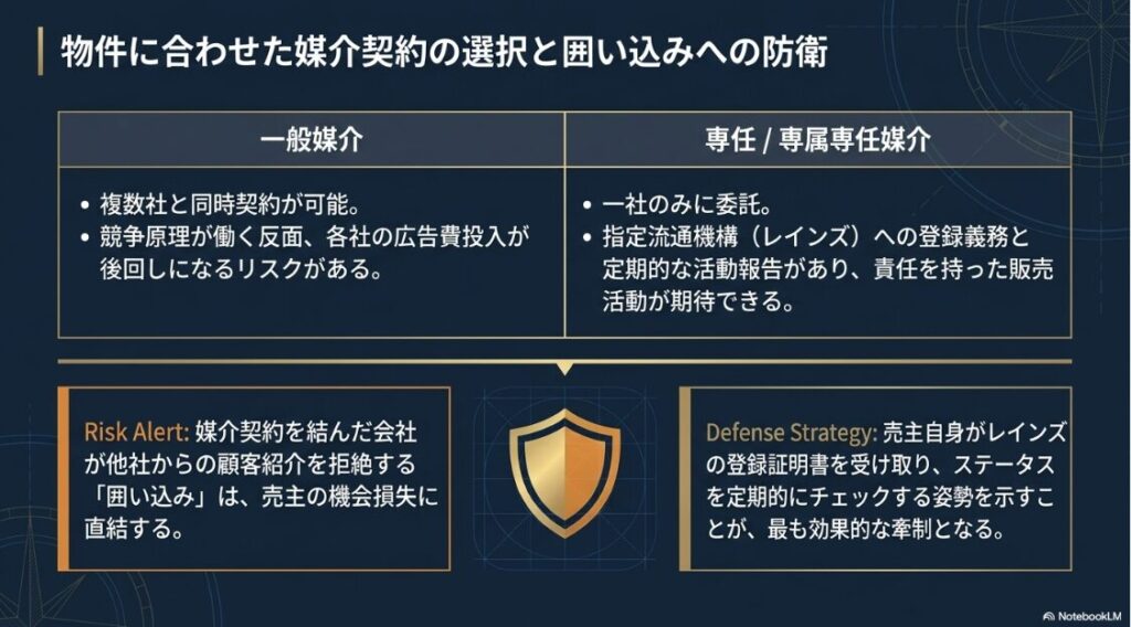 一般媒介と専任・専属専任媒介の特徴を比較し、売主の機会損失を招く情報の囲い込みに対する防衛策をまとめた表 。