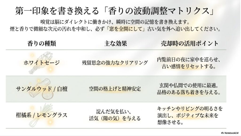 ホワイトセージ、サンダルウッド、柑橘系の香りの種類と、それぞれの浄化効果や売却時の活用ポイントをまとめた表形式の資料。