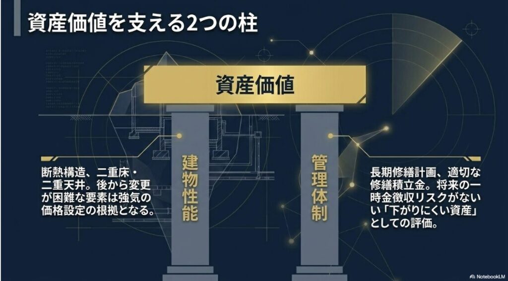 資産価値を支える2つの柱として、変更が困難な建物性能と、将来のリスクを抑える管理体制の重要性を説いた構造図。