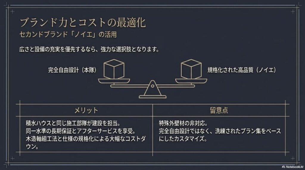 完全自由設計の本隊と規格化された高品質のノイエを比較し、ノイエを選択するメリットとしてのコストダウンや、留意点としての特殊外壁非対応などをまとめた比較図。