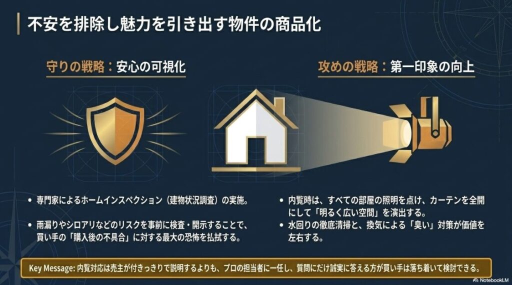 ホームインスペクションによる安心の可視化と、内覧時の照明や清掃による第一印象の向上を解説した物件商品化の戦略図 。