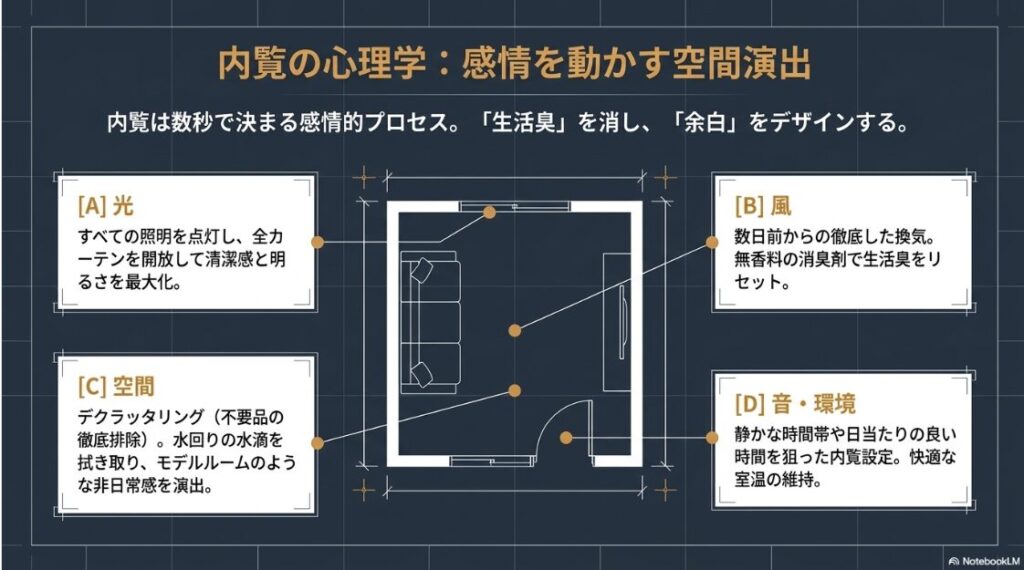光、風、空間、音・環境の四要素をコントロールし、生活臭を消して余白をデザインする内覧演出のガイド