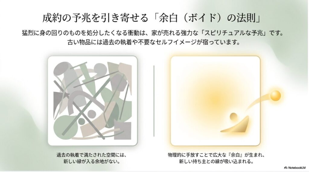 左側に執着で満たされた空間、右側に断捨離によって生まれた光り輝く「余白」を対比させた図解。新しい縁が入る仕組みを解説している。