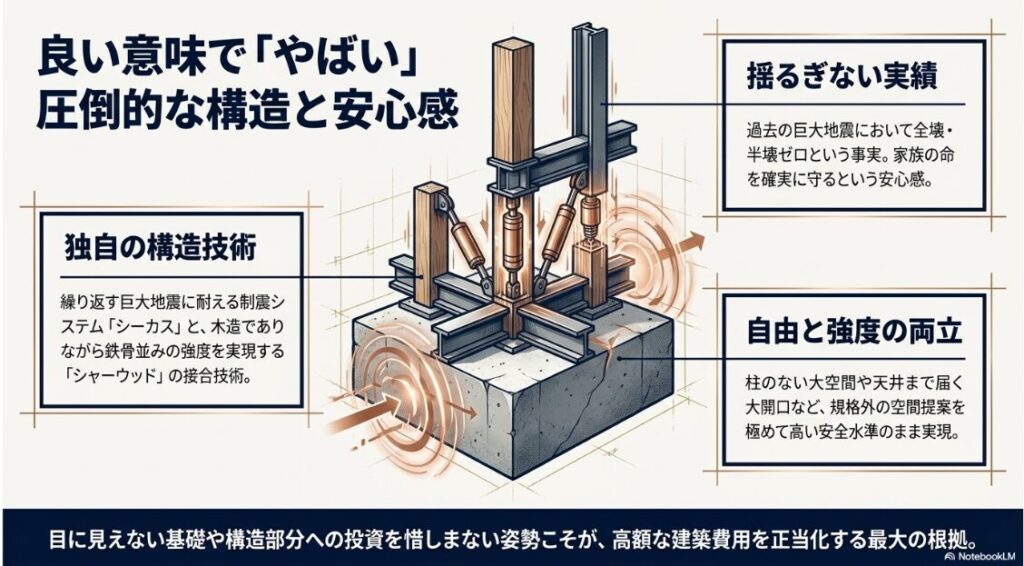 制震システム「シーカス」や木造「シャーウッド」の接合技術を紹介し、巨大地震での実績と自由な設計を両立させる仕組みを解説する強固な構造のイメージ図。