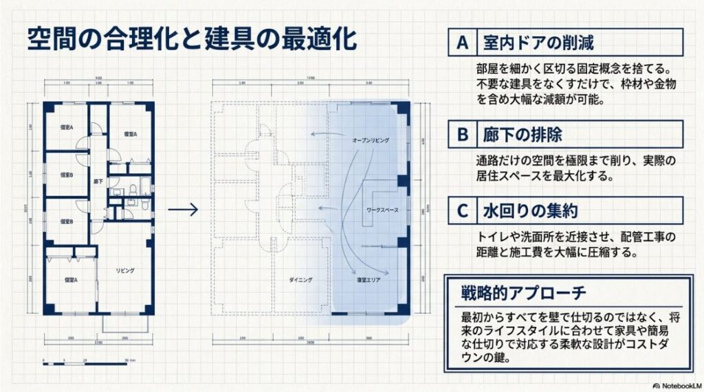 部屋を細かく区切る固定概念を捨て、廊下の排除や室内ドアの削減、水回りの集約を行うことで、居住スペースを最大化しながら建築費を抑える合理的な間取りの提案図。