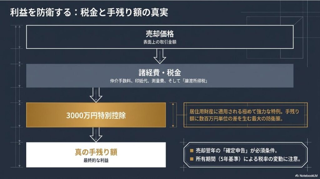 売却価格から諸経費と税金を差し引き、３０００万円特別控除を適用して最終的な手残り額を算出するまでのフロー図